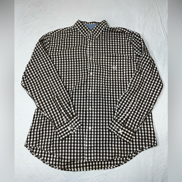 Chaps Men’s Button Down Shirt Easy Care XL Extra Large Plaid Brown And White - Picture 1 of 9